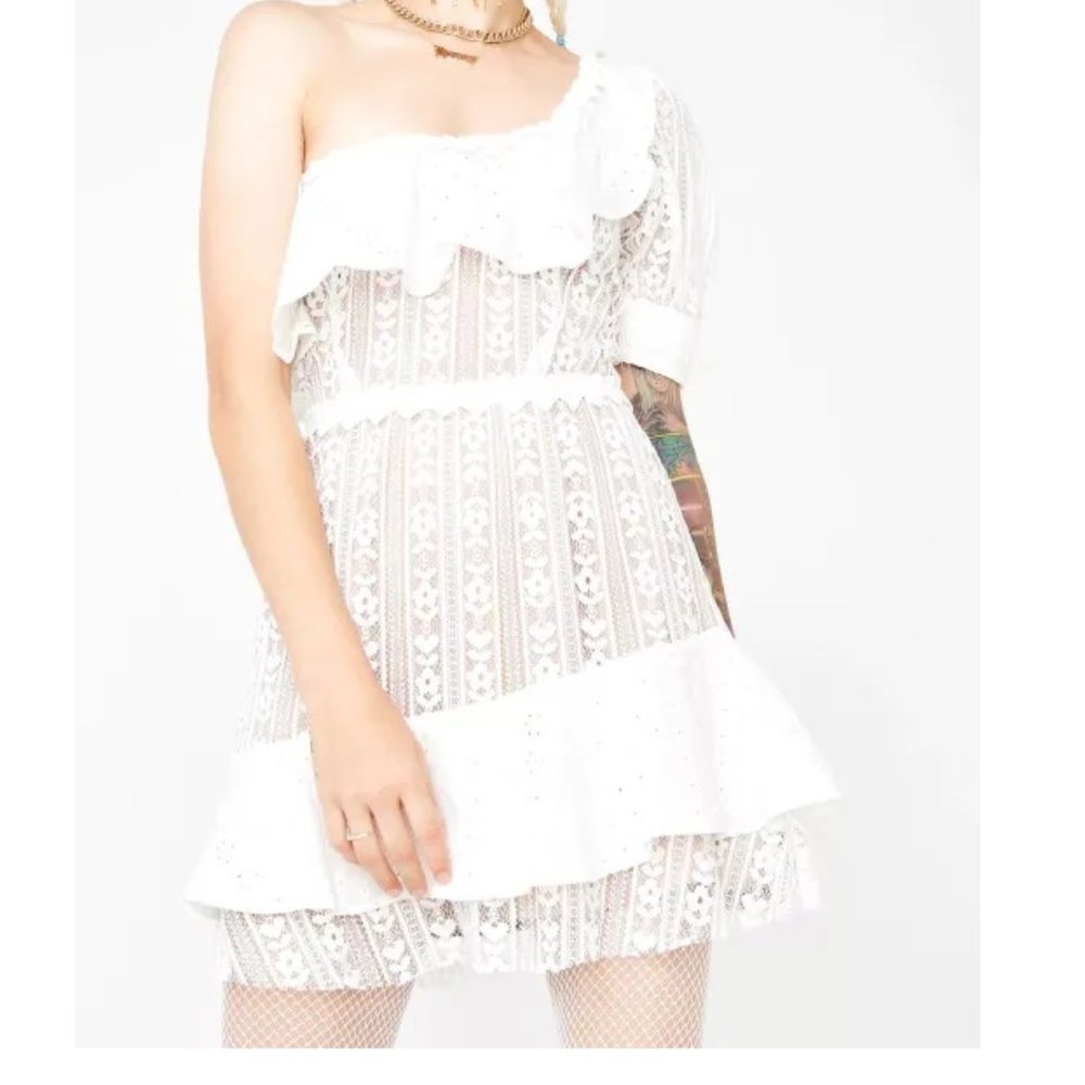NWOT FOR LOVE & LEMONS LOVEBIRD LACE ONE SHOULDER MINI DRESS - Picture 4 of 6